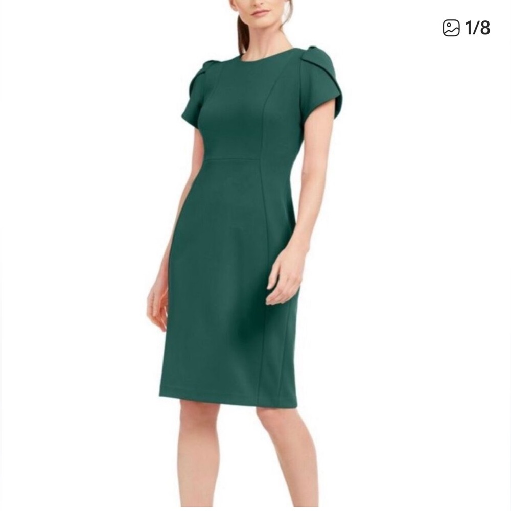 NWT $99 Calvin Klein Deep Green Tulip Sleeve Midi Sheath Dress sz 8